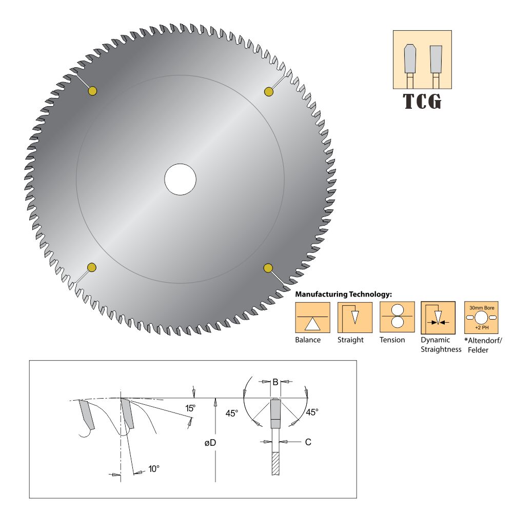 T.C.T. Cuchilla de sierra de chip triple (TCG) para madera y laminado